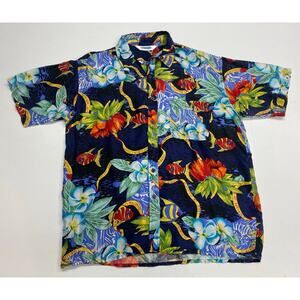 VTG Men Stowaway 100% silk fish tropical Hawaiian floral graphic button shirt L